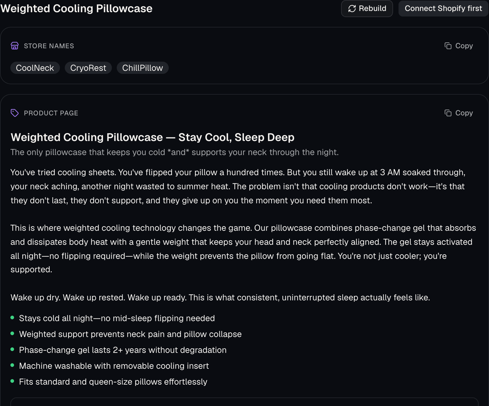 Store Builder blueprint with store names, product page copy, and homepage structure